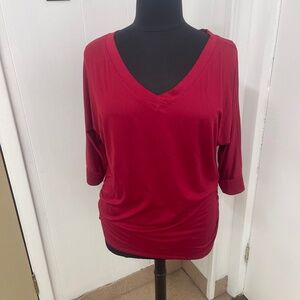 DOUBLJU Women’s Red 3/4 Sleeve V-Neck Ruched Tunic Top Size 2XL Casual Blouse